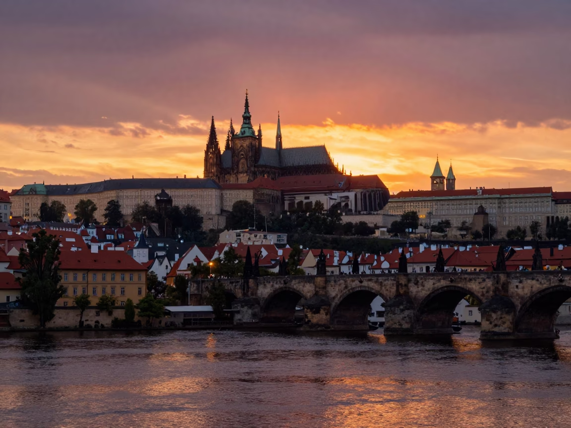 Prague Sunset Over Vltava River with Historic Bridges and City Lights in in Prague, Czech Republic