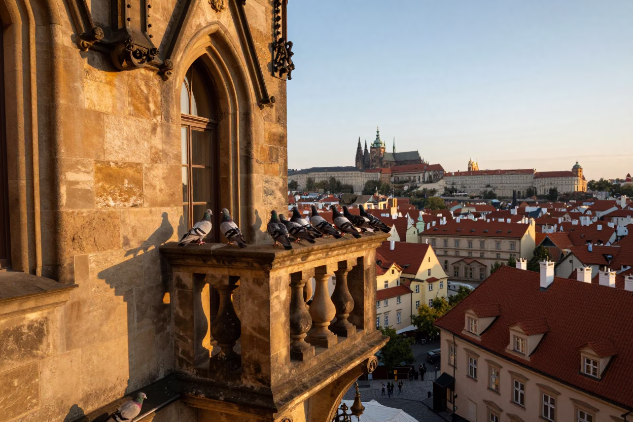 Prague Sunset Pigeons on Historic Stone Balcony with City Views in in Prague, Czech Republic