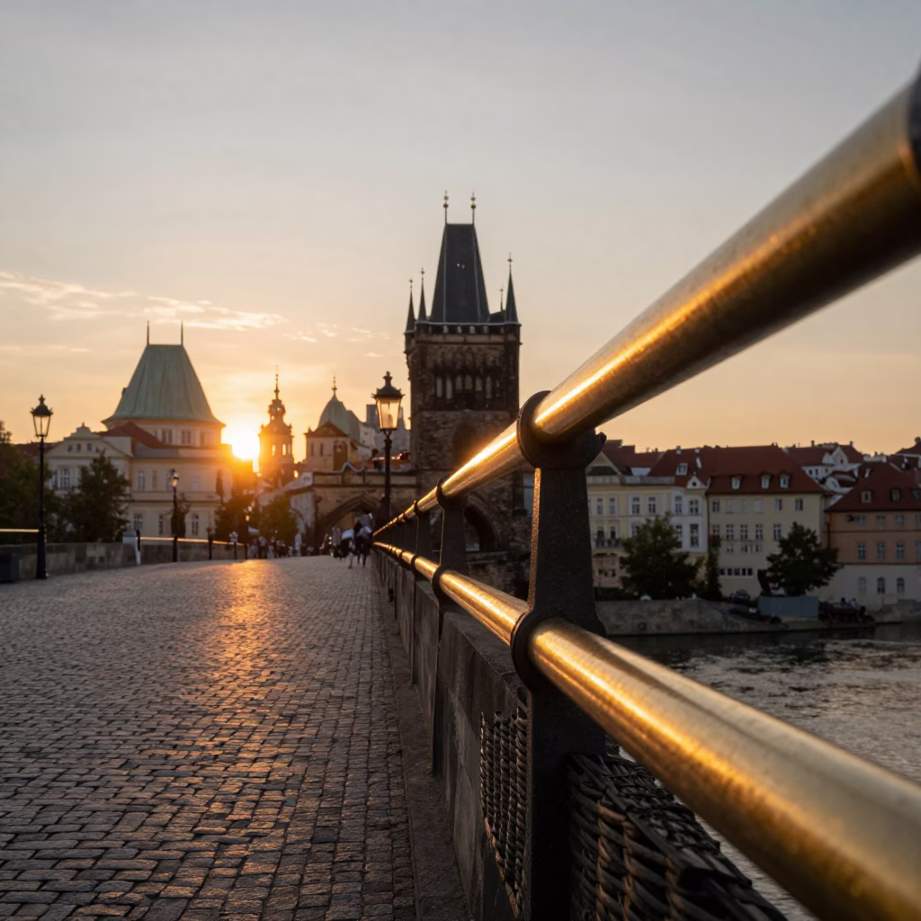 Prague Sunset Street Scene with Brass Rail and Wicker Shadow in in Prague, Czech Republic