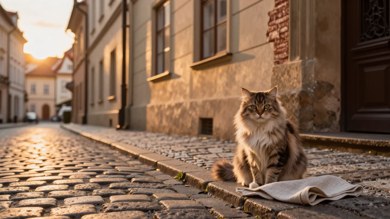 Prague Sunset Street Scene with Cat and Linen Napkin in in Prague, Czech Republic