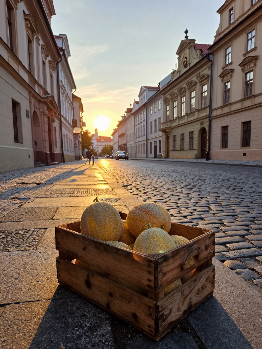 Prague Sunset Street Scene with Fruit Crate and Melons in Czech Republic in in Prague, Czech Republic