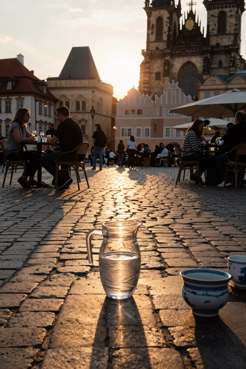 Prague Sunset Street Scene with Glass Pitcher and Porcelain Jar on Cobblestone Cafe Table in in Prague, Czech Republic
