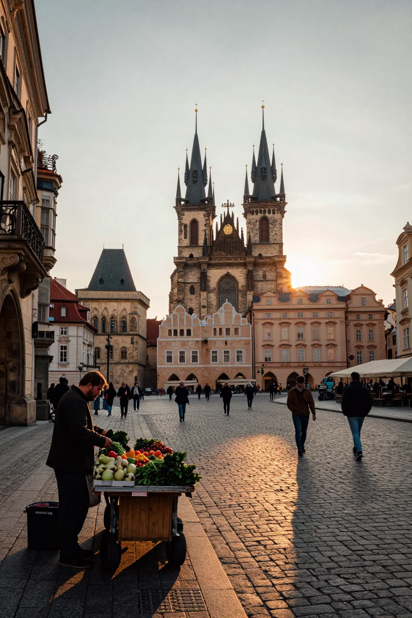 Prague Sunset Street Scene with Historic Architecture and Urban Details in in Prague, Czech Republic