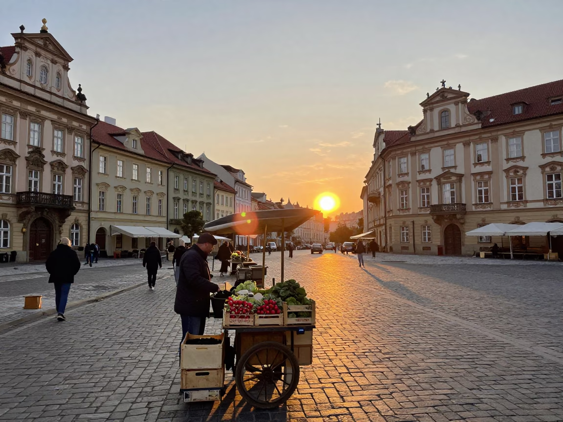 Prague Sunset Street Scene with Local Market Stalls and Pedestrians in Czech Republic in in Prague, Czech Republic