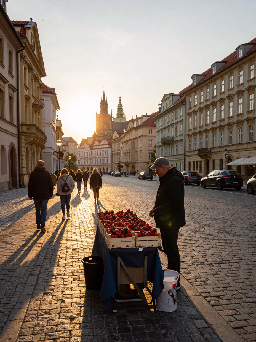 Prague Sunset Street Scene with Local Vendor and Urban Architecture in in Prague, Czech Republic