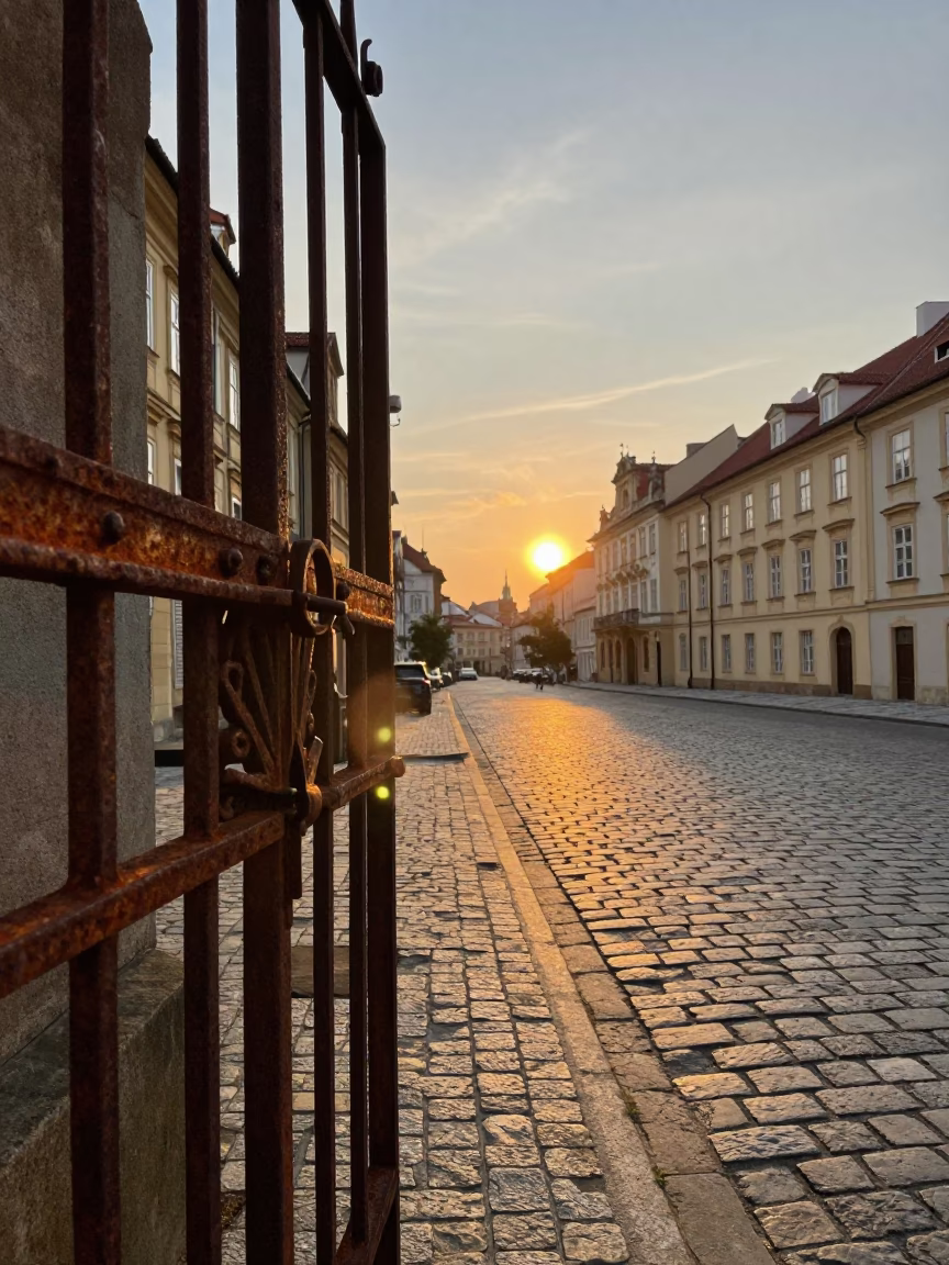 Prague Sunset Street Scene with Rusty Iron Gate and Lichen Covered Stone in in Prague, Czech Republic