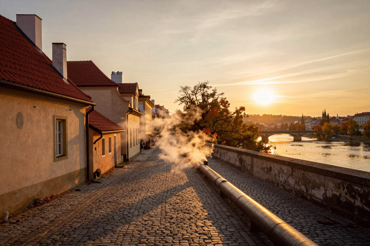 Prague Sunset Street Scene with Steaming District Heating Pipes and Autumn Leaves in in Prague, Czech Republic