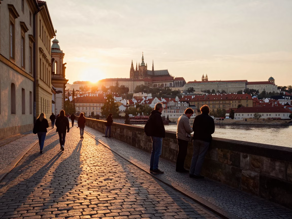 Prague Sunset Street Scene with Tourists and Historic Architecture in in Prague, Czech Republic