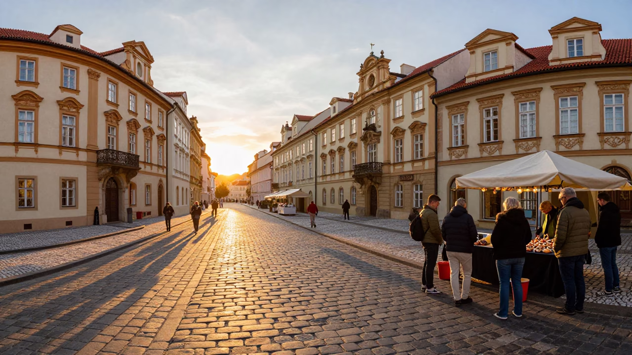 Prague Sunset Street Scene with Tourists and Traditional Architecture in in Prague, Czech Republic