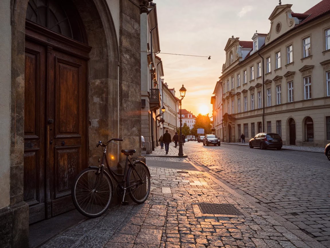 Prague Sunset Street Scene with Vintage Bicycle and Latch Detail in in Prague, Czech Republic
