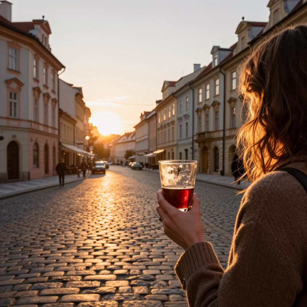 Prague Sunset Street Scene with Vintage Details and Local Life in in Prague, Czech Republic
