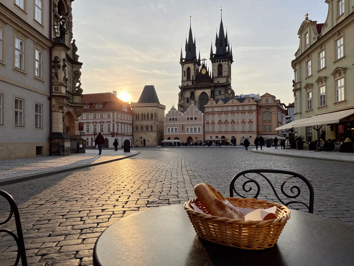 Prague Sunset Street Scene with Woven Bread Basket on Outdoor Cafe Table in in Prague, Czech Republic