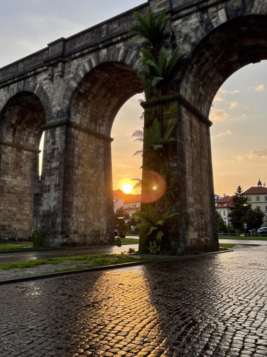 Prague Sunset Viaduct Arch Undercroft Dripping Ferny Stone and Peg Rail in in Prague, Czech Republic