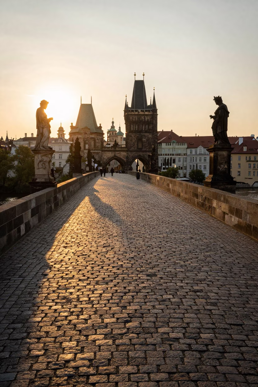 Prague Sunset View of Charles Bridge Stone Paving and Baroque Church Spires in in Prague, Czech Republic