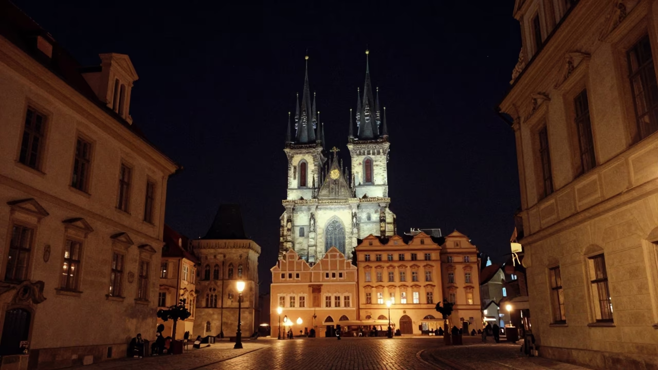 Prague Town Spire at The Deepest Night Sky Light in in Prague, Czech Republic