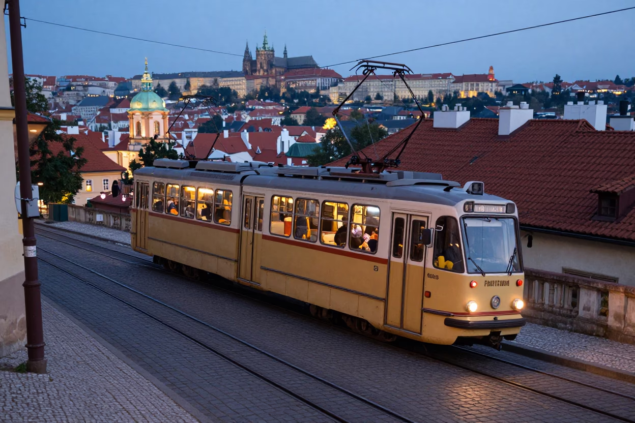 Prague Tram Climbing Steep Hill at Dusk with City Lights in in Prague, Czech Republic