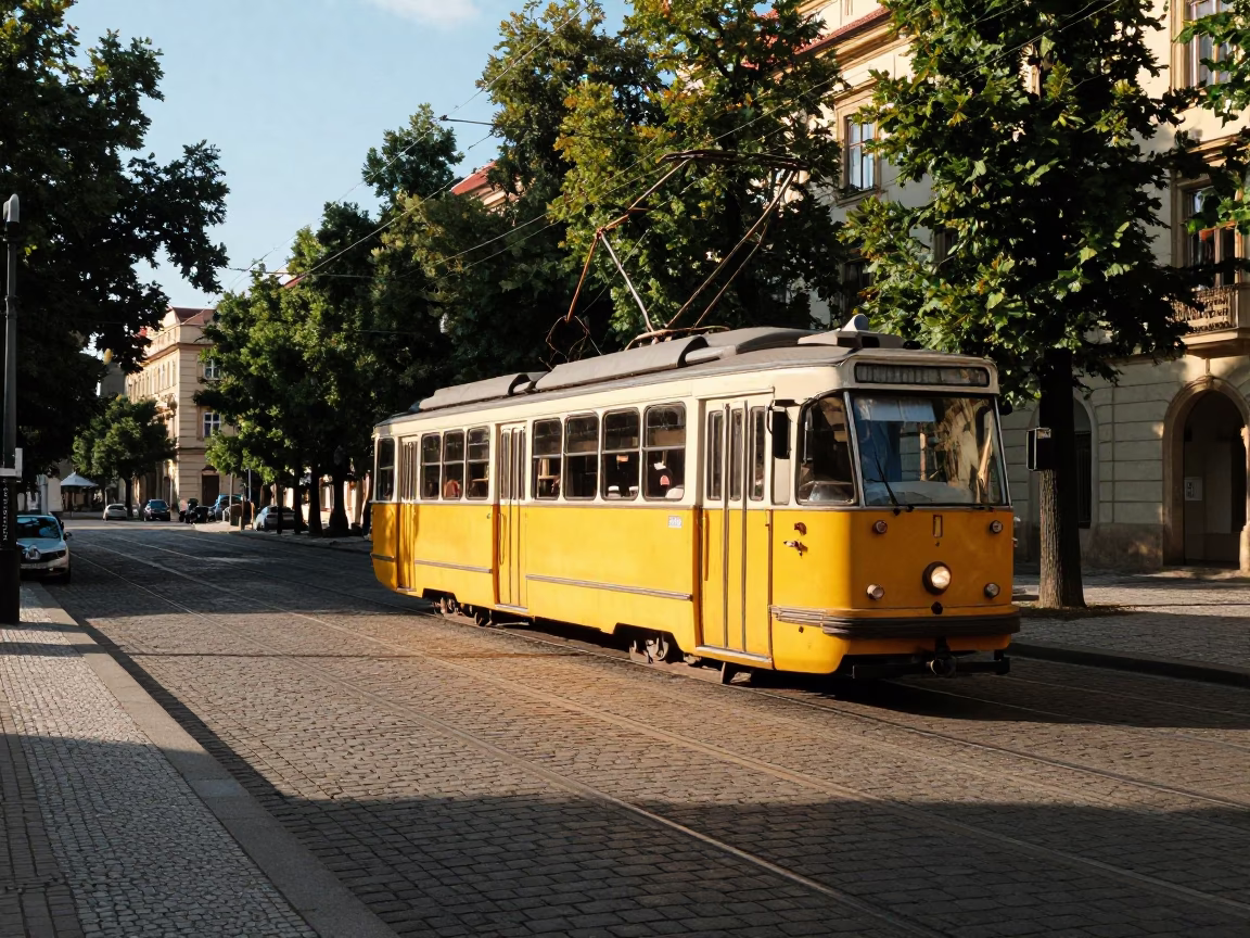 Prague Trolley Car at The Late Afternoon Light in in Prague, Czech Republic