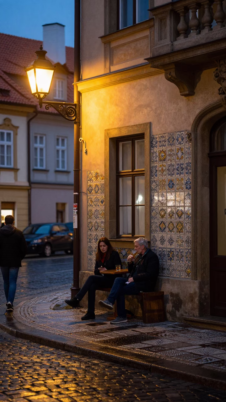 Prague Twilight Street Scene with Ceramic Tiles and Drinking Vessel in in Prague, Czech Republic