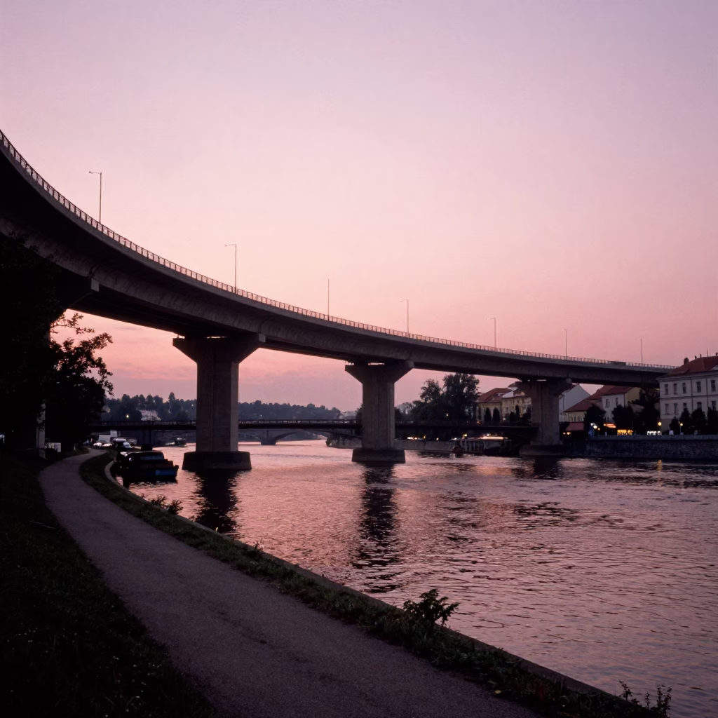 Prague Twilight Street Scene with Highway Flyover Stack and Historic Architecture in in Prague, Czech Republic