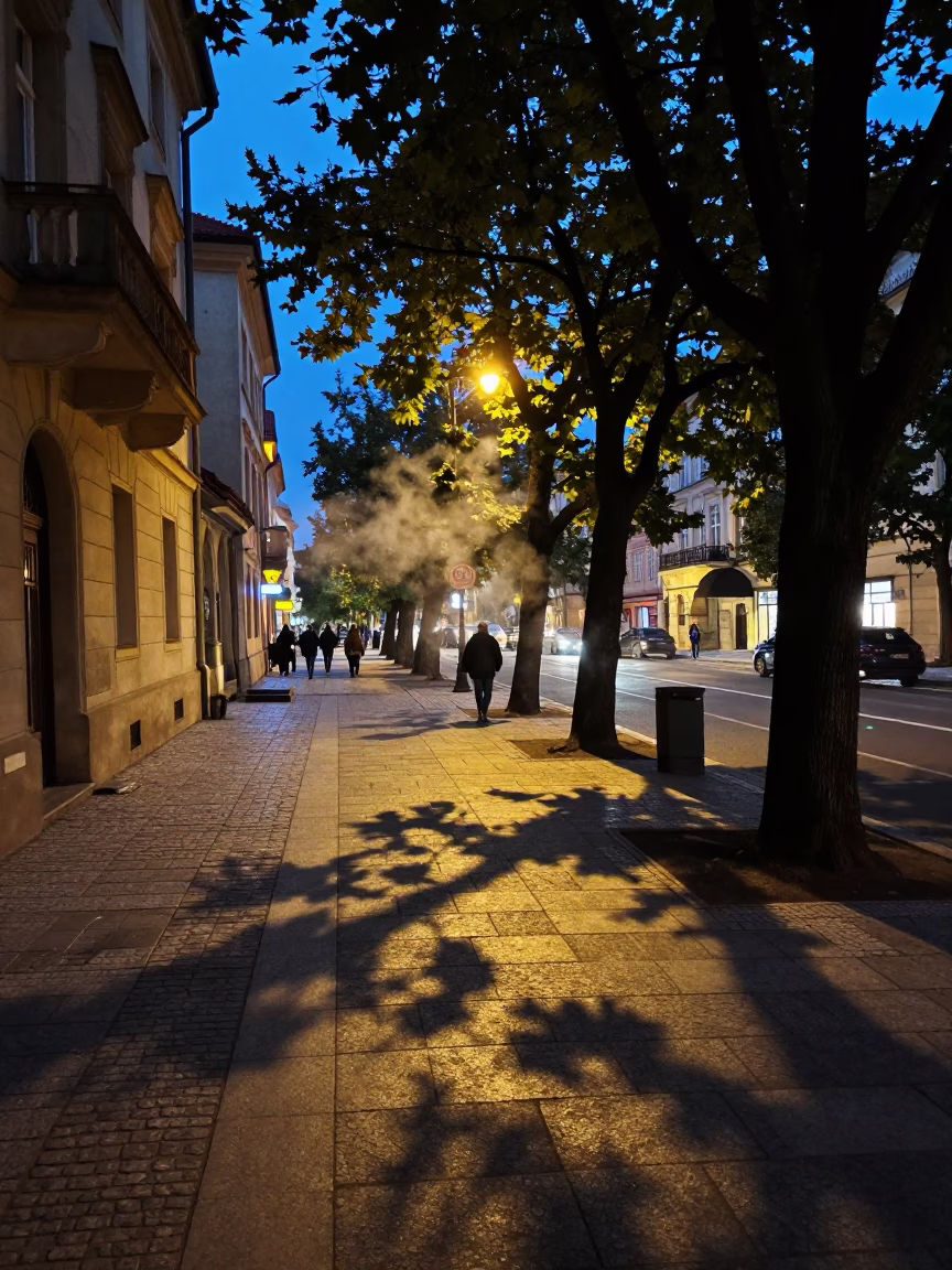 Prague Twilight Street Scene with Leaf Shadows and Steam Haze in in Prague, Czech Republic