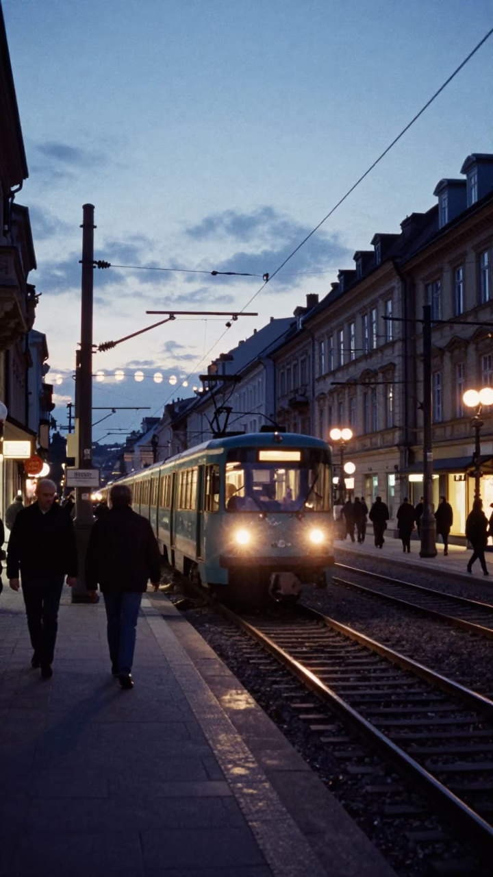 Prague Twilight Street Scene with Metro Train and Substation Details in in Prague, Czech Republic