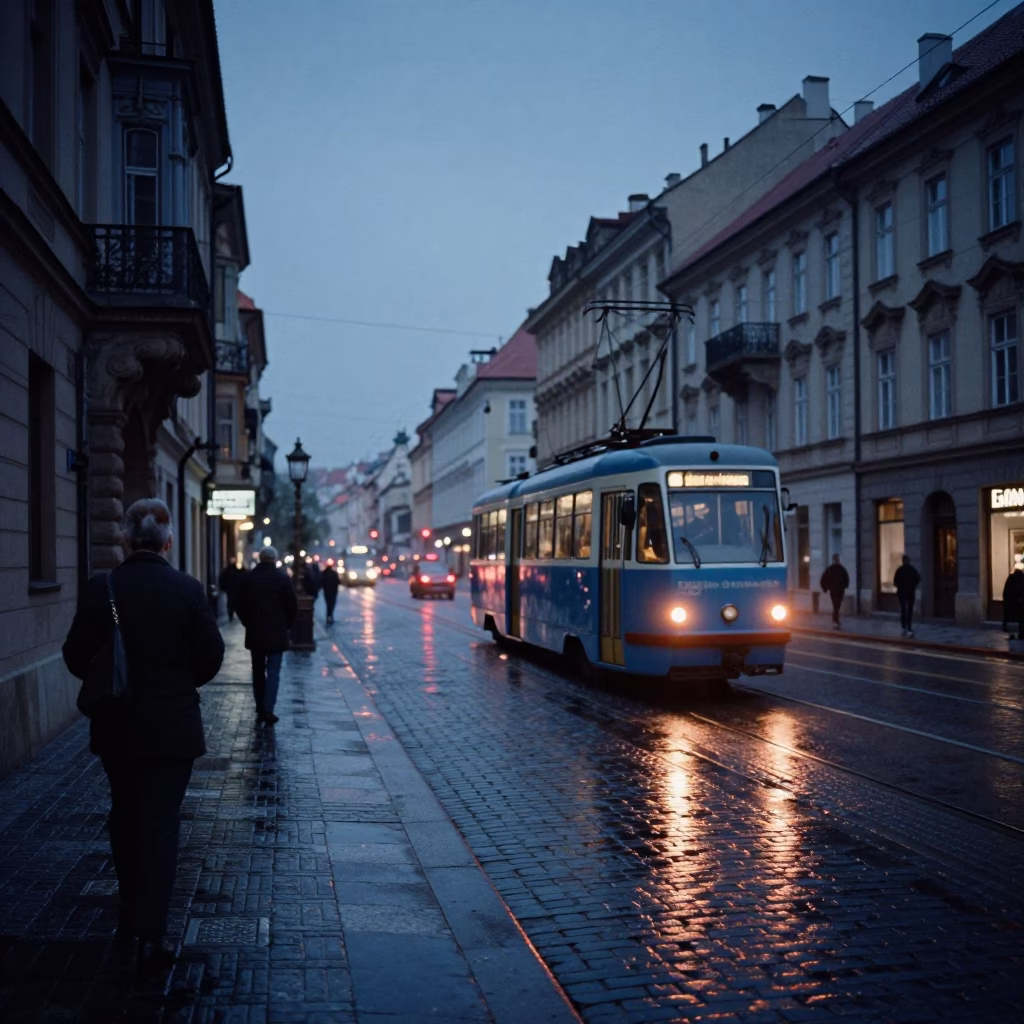 Prague Twilight Street Scene with Tram Tracks and Wet Cobblestones in in Prague, Czech Republic