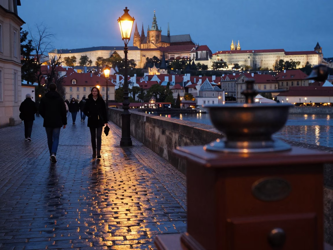 Prague Twilight Street Scene with Vintage Coffee Grinder and Urban Details in in Prague, Czech Republic