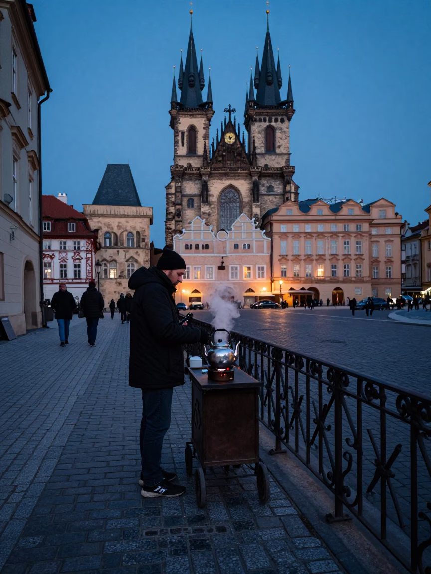 Prague Twilight Street Scene with Vintage Teapot and Steam Haze in Indigo Light in in Prague, Czech Republic
