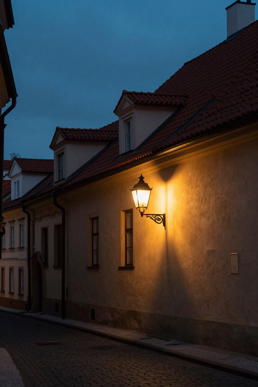 Prague Twilight Street Scene with Wall Sconce Illuminating Historic Cobblestone Alley in in Prague, Czech Republic