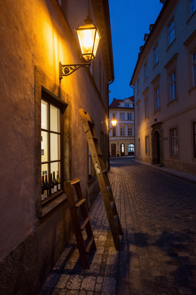 Prague Twilight Street Scene with Wine Shop Ladder and Handwritten Bottle Notes in in Prague, Czech Republic