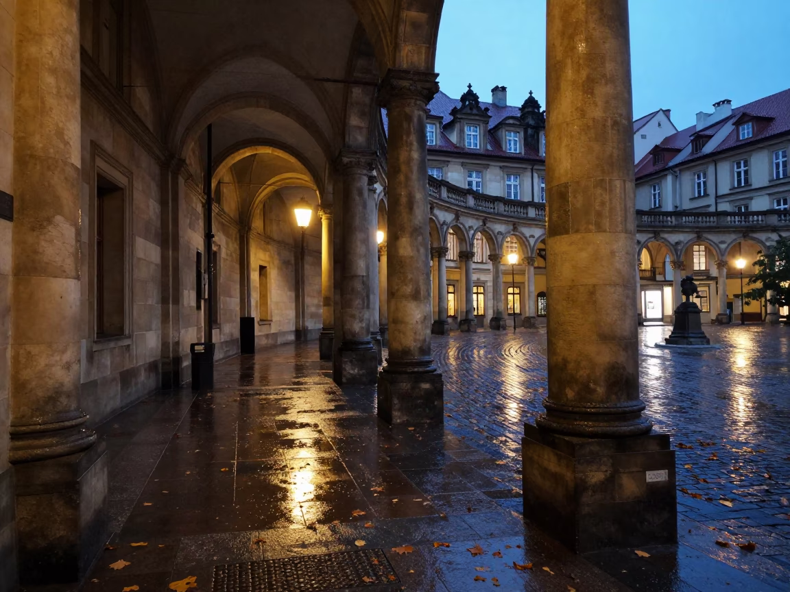 Prague University Arcade at Twilight with Wet Leaves and Historical Columns in in Prague, Czech Republic