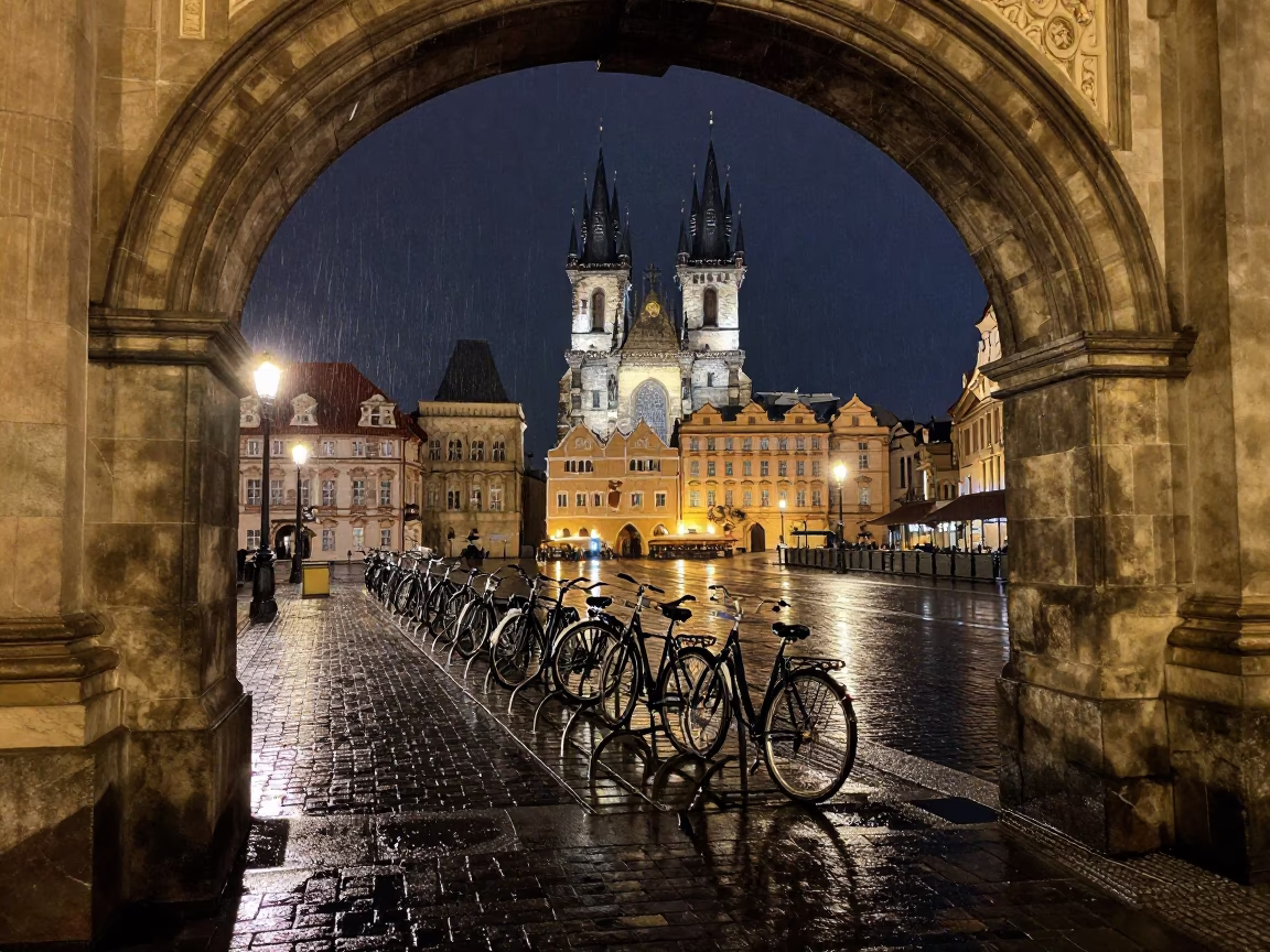 Prague University Archway Framing Wet Bicycle Rack at Night with Street Lighting in in Prague, Czech Republic
