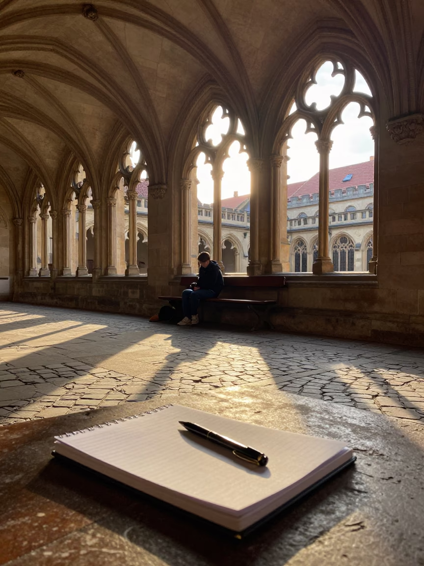 Prague University Cloister Dawn Scene with Student Notebook and Stone Architecture in in Prague, Czech Republic