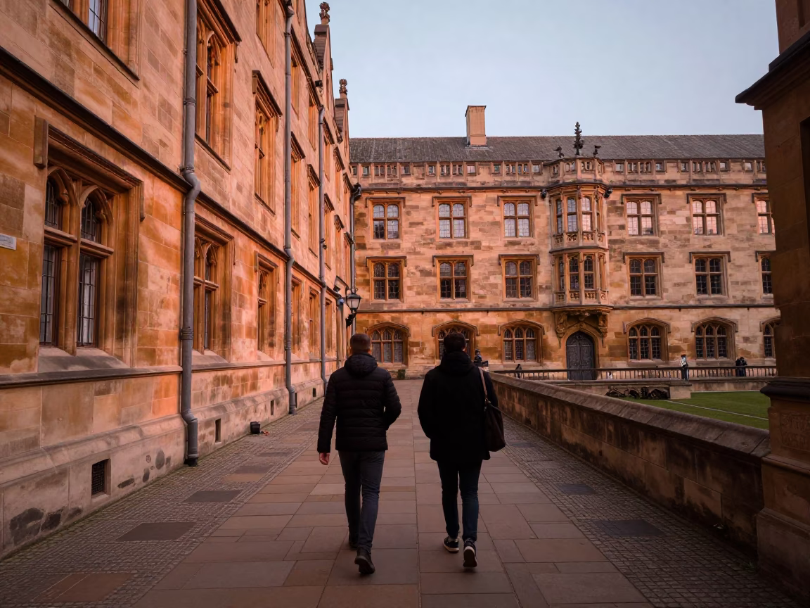 Prague University Cloister Walkway in Copper-Toned Dusk Light with Stone Architecture in in Prague, Czech Republic