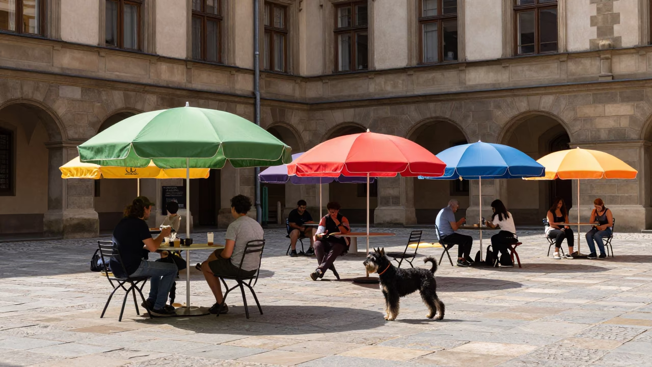 Prague University Courtyard Noon Light Umbrellas and Students in in Prague, Czech Republic