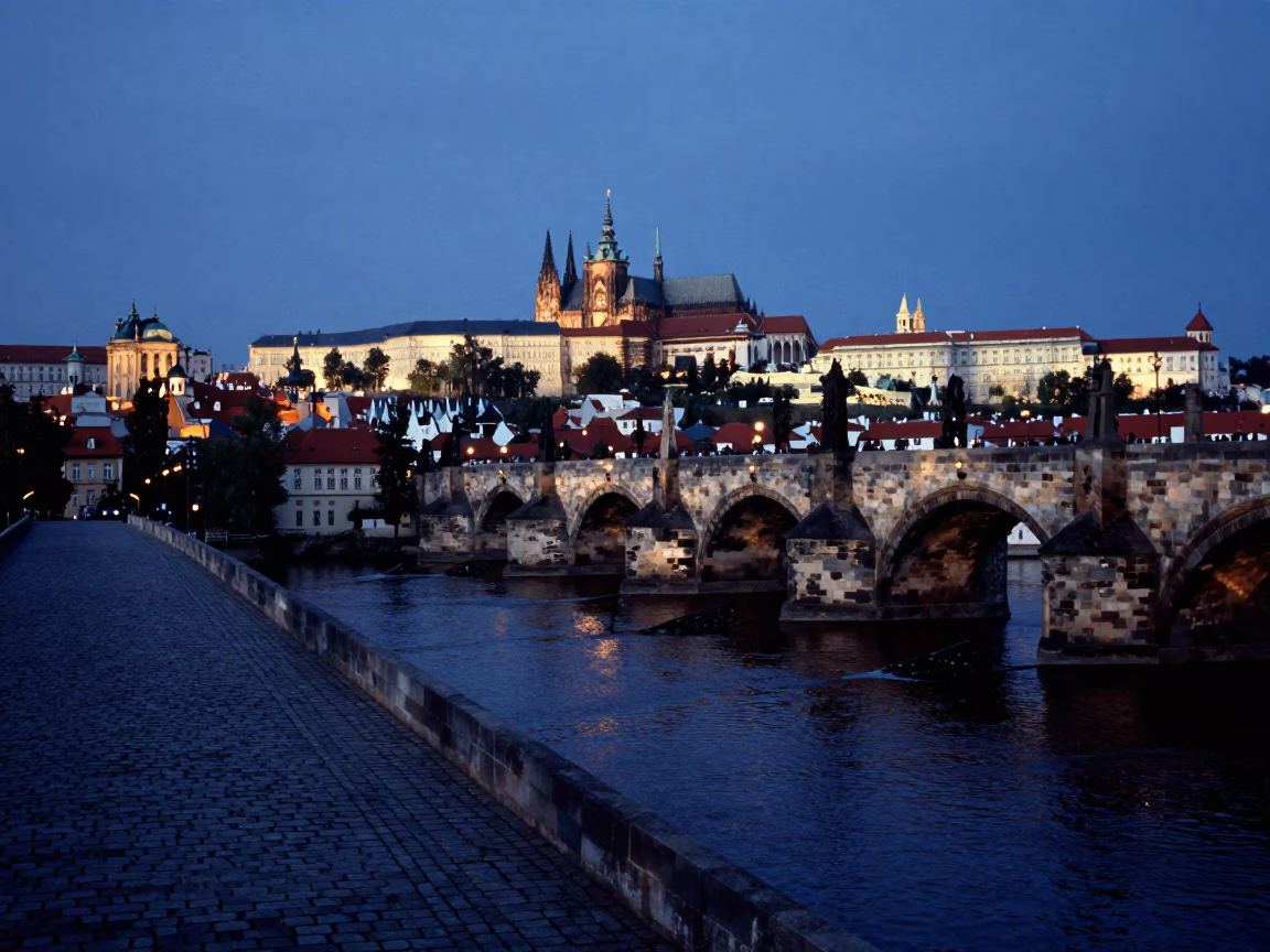 Prague Vltava River Twilight View from Charles Bridge Stone Walkway in in Prague, Czech Republic