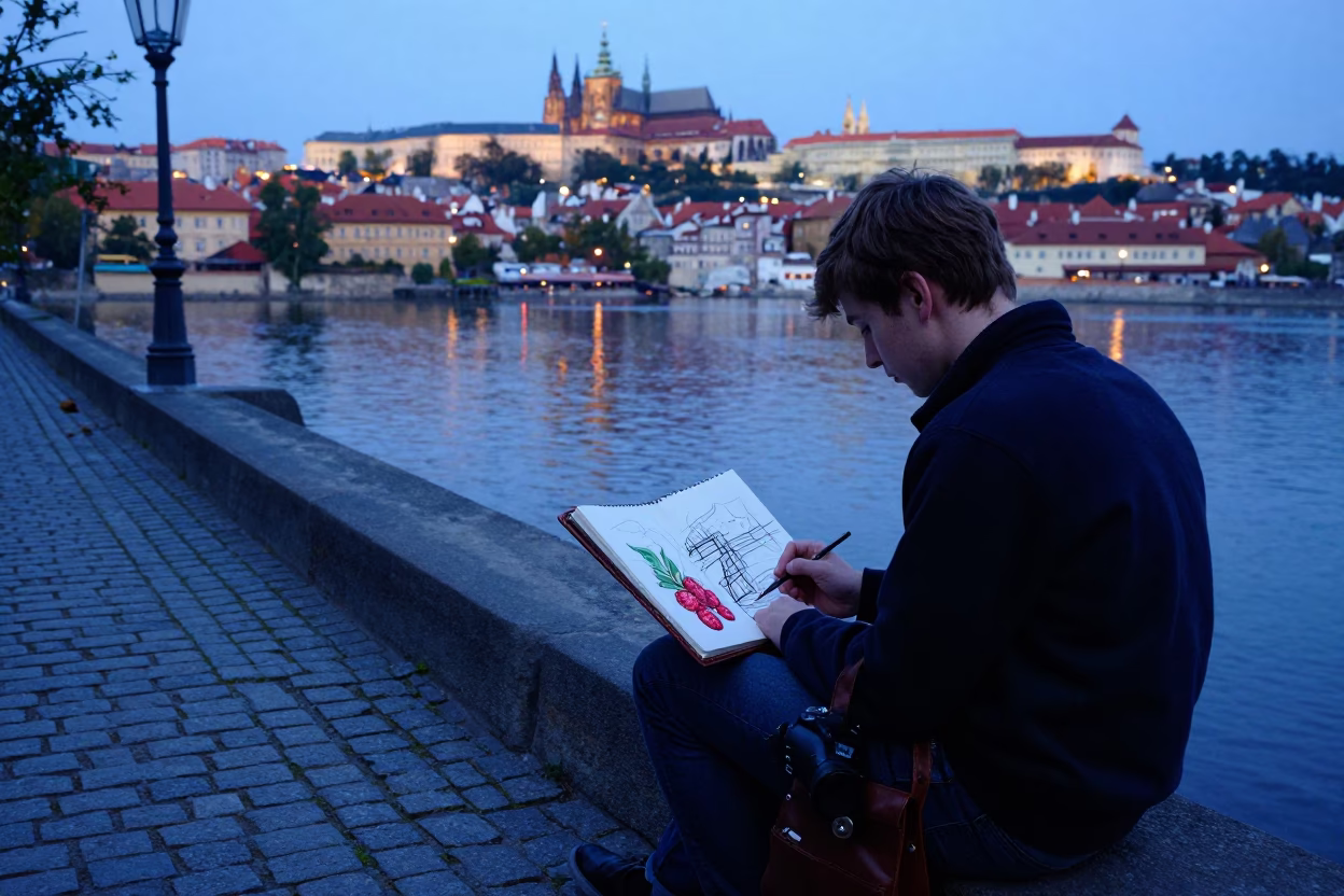 Prague Vltava Riverbank Dawn Sketchbook and Raspberries with Brushed Steel Bottle in in Prague, Czech Republic