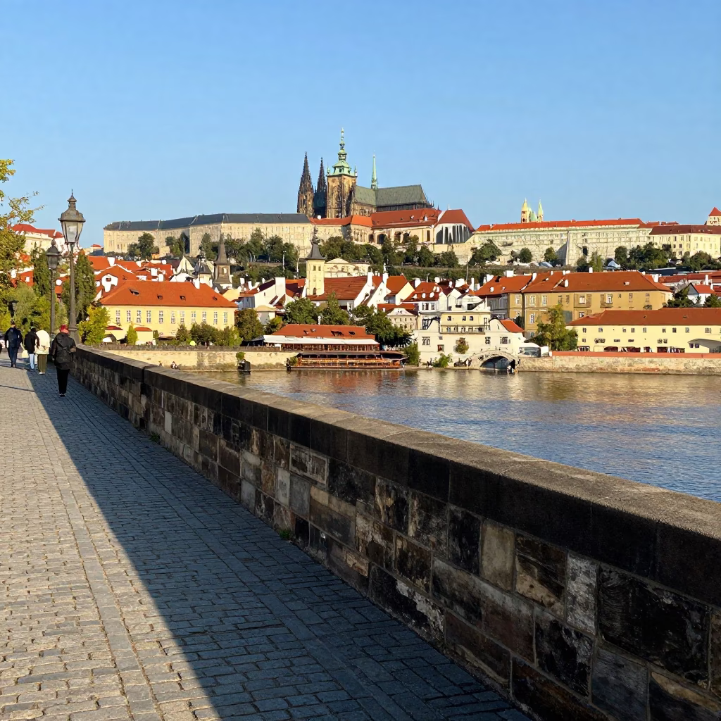 Prague Vltava Riverbank Late Afternoon Light with Traditional Pastries and Stone Architecture in in Prague, Czech Republic