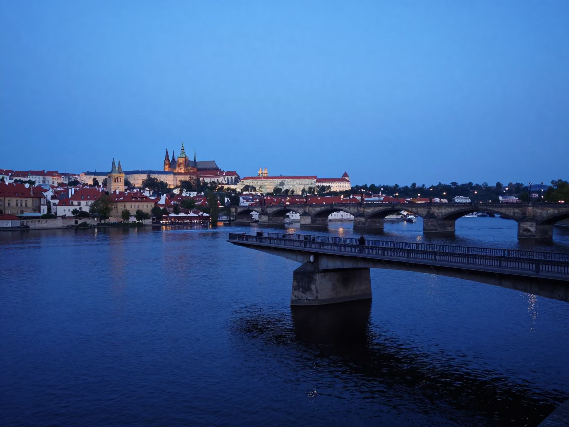 Prague Vltava Riverbank Twilight Scene with Bridge Pier and Basil Leaves in in Prague, Czech Republic