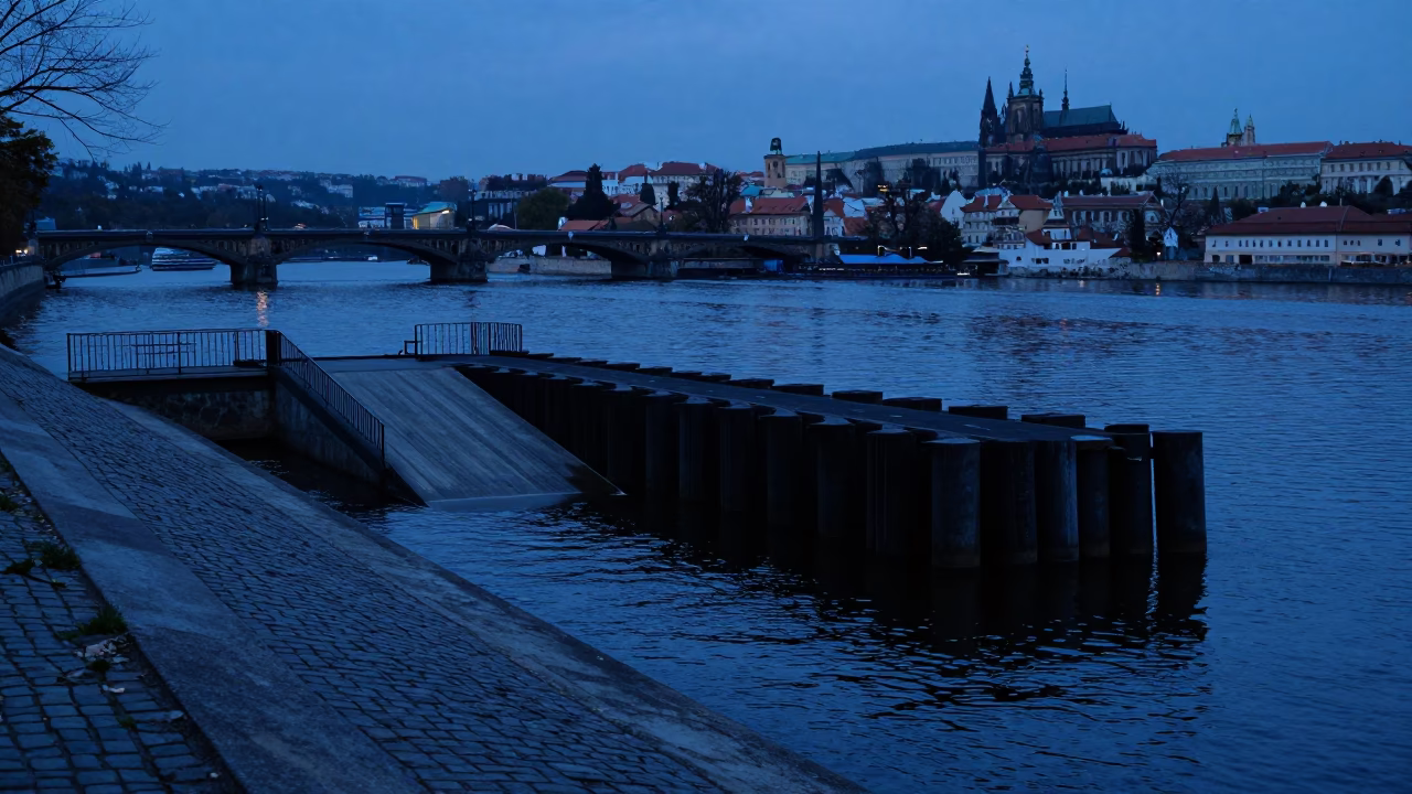 Prague Vltava Riverbank Twilight Scene with Ferry Ramp Piling System and Local Pedestrians in in Prague, Czech Republic
