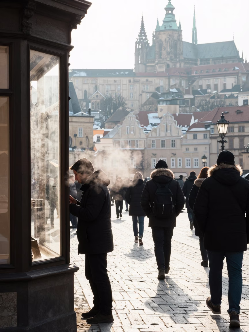 Prague Winter Noon Street Scene with Fogged Window and Rain Boots in in Prague, Czech Republic
