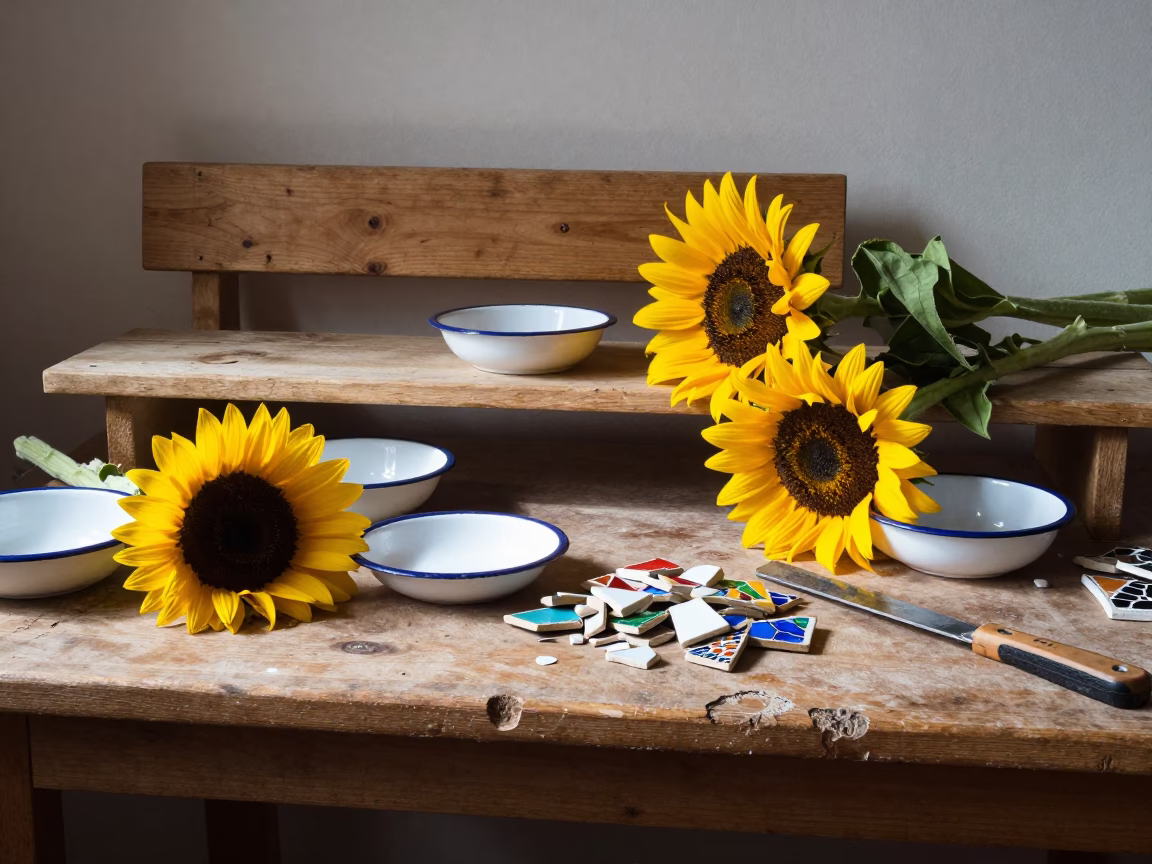 Prague Workshop Bench Sunflowers and Enamel Bowls in in Prague, Czech Republic