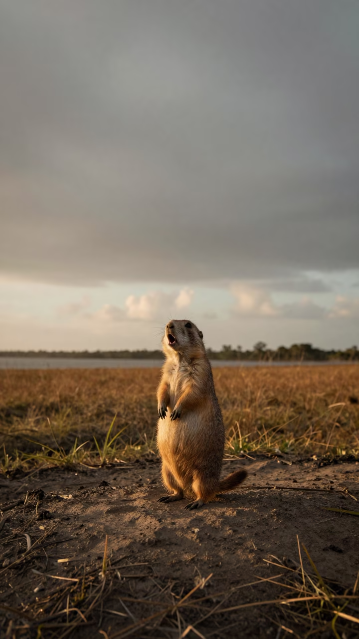 Prairie Dog Barking at Guyana Tidal Inlet Sunset in beside a tidal inlet in Guyana