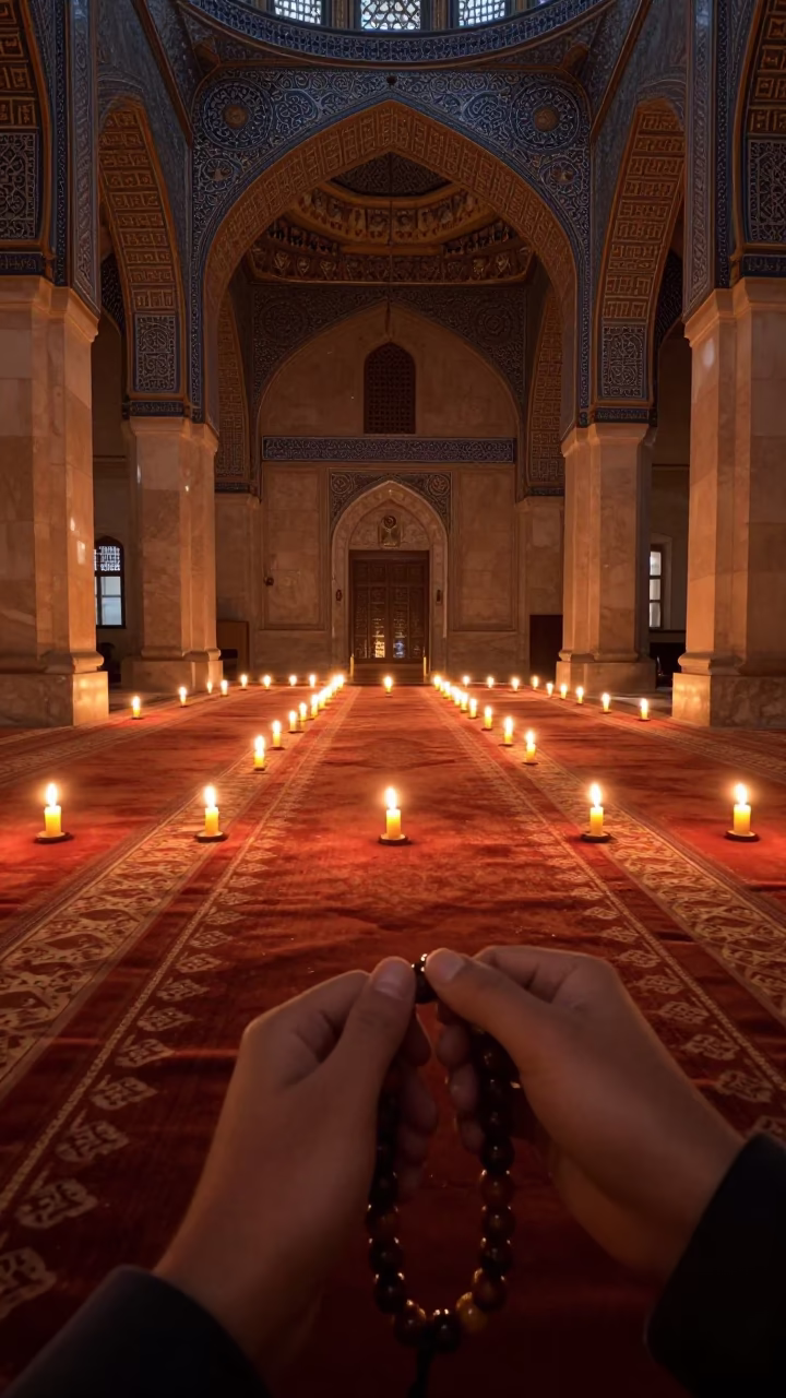 Prayer Beads in Predawn Mosque Light in in a mosque prayer hall in Isfahan
