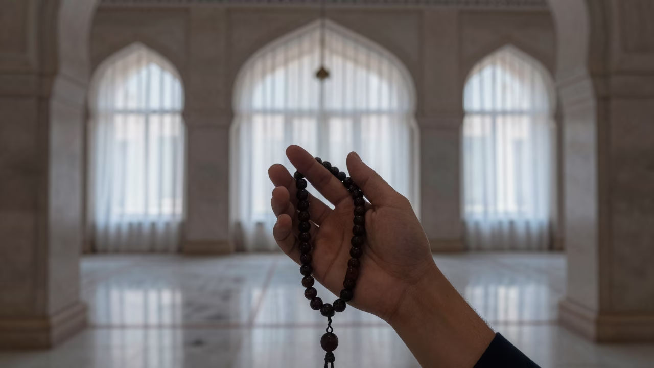 Prayer Beads Sliding Through Fingers in Doha Mosque in beside a prayer wheel corridor in Doha