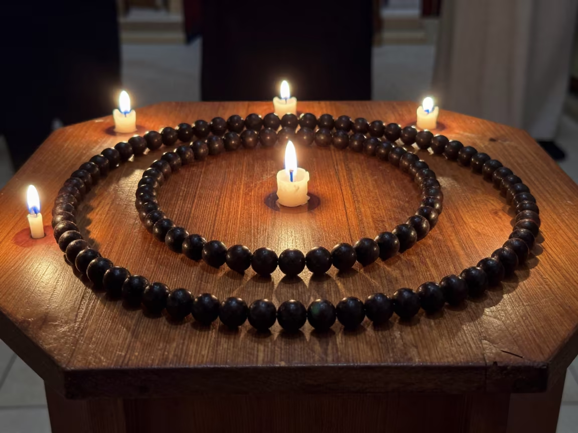 Prayer Beads on Wood in Candlelit Benghazi Nave in inside a candlelit nave in Benghazi