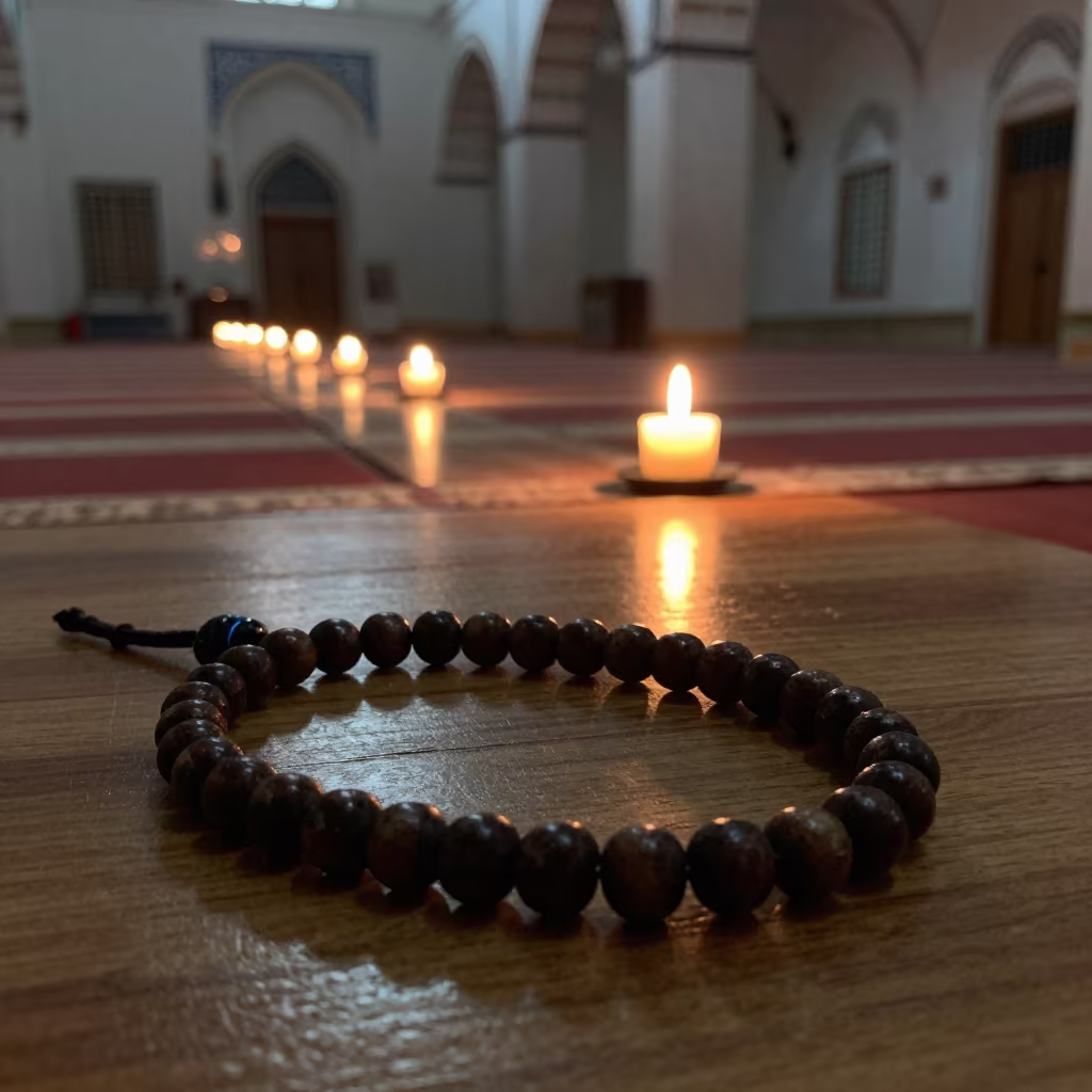 Prayer Beads on Wood in Midnight Belgrade Mosque in in a mosque prayer hall in Belgrade