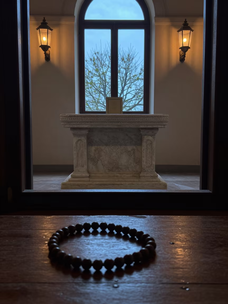 Prayer Beads Resting on Wood Near Stone Altar in at the foot of a stone altar in Rimini