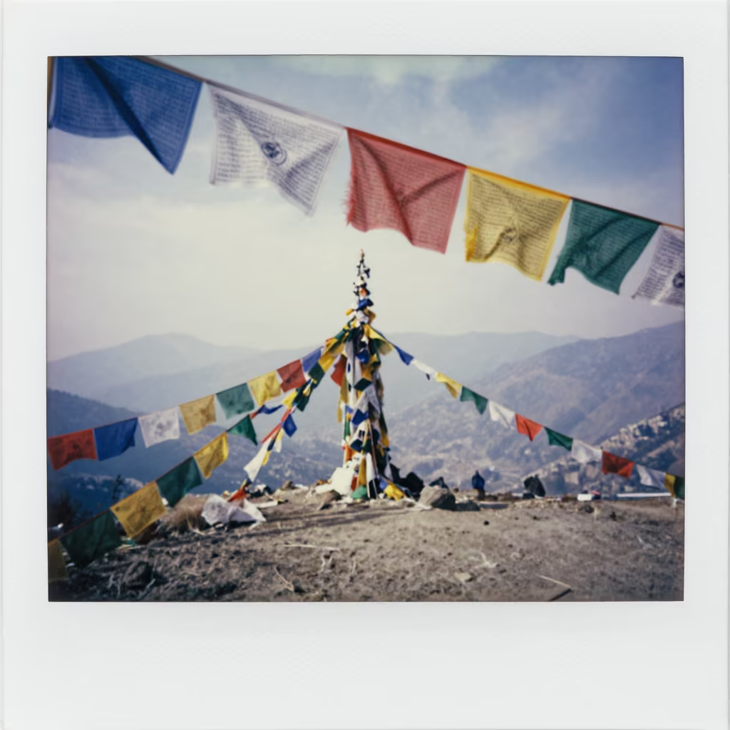 Prayer Flags and Sky on Windy Ridge Kathmandu in on a wind-cut ridge below prayer flag lines near Kathmandu