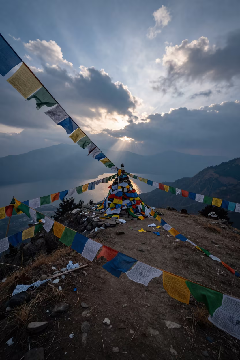 Prayer Flags Snapping at Twilight Summit Cairn Kathmandu in beside a summit cairn above the tree line near Kathmandu